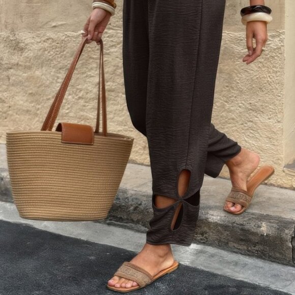 Pants - Coffee Brown Elastic Waist Pants | Loose Fit Hollow Out Long Trousers